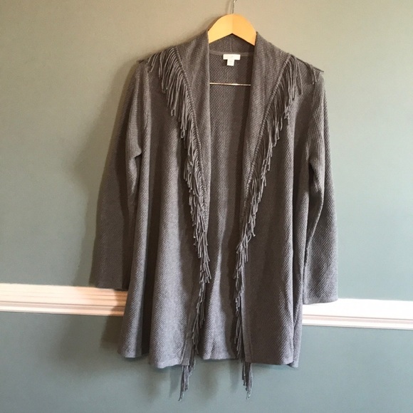 J.Jill gray western boho fringe open front long line cardigan. Sz S petite. - Picture 1 of 5